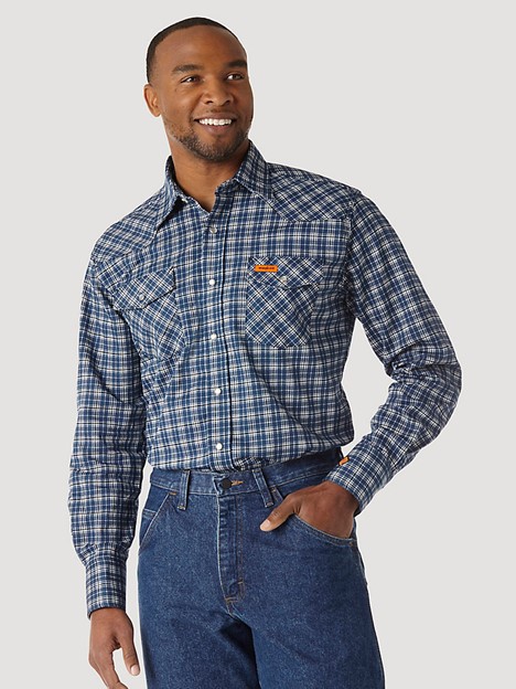 Wrangler FR122BW Flame Resistant Western Blue Black Plaid Work Shirt |  Product Details | | Gellco Clothing and Shoes